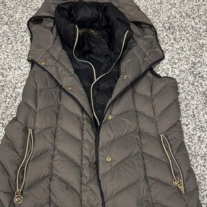 SOLD Micheal Kor Mushroom/black Quilted light wright vest with Gold Buttons
